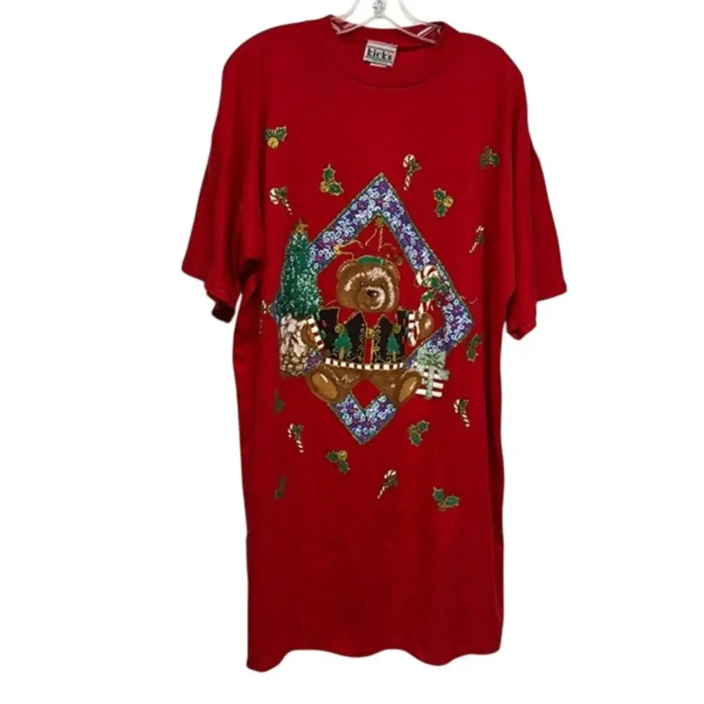 Kick's Vintage Red Ugly Christmas Teddy Bear Oversized TShirt Pajamas Dress 1X
